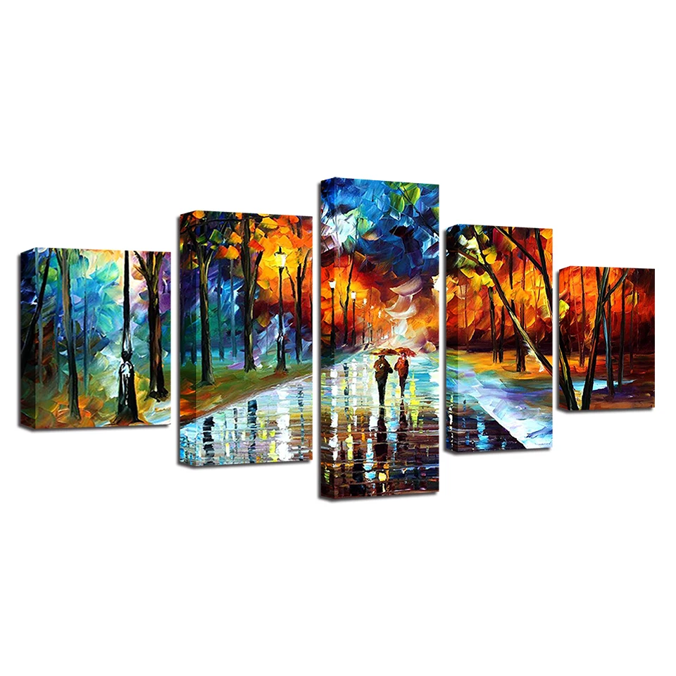 

Canvas Painting Wall Art Prints Framework Home Decor 5 Pieces Abstract Color Tree Pictures Walking In The Rain Nightscape Poster