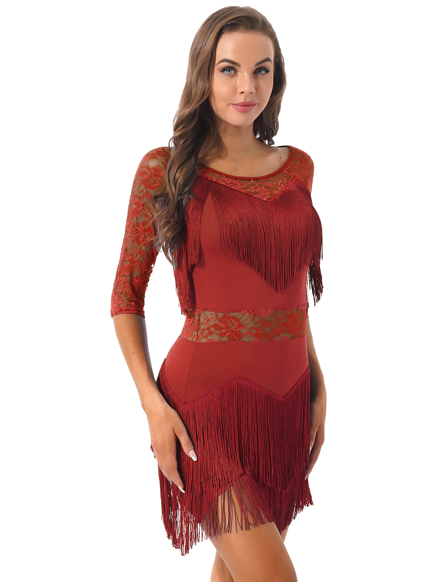 

Women Latin Dance Fringed Dress Sheer Floral Lace Half Sleeve Tassel Dresses with Shorts Waltz Cha-Cha Performance Costumes
