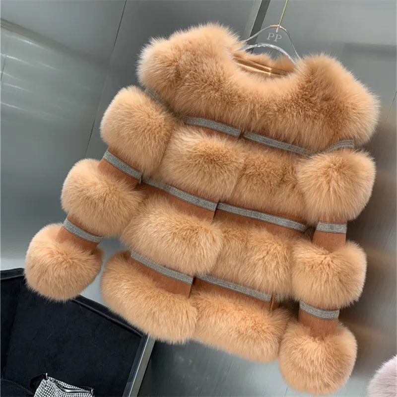 2022 Winter New Real Fox Fur Coat Women Genuine Fox Fur Jacket Splicing Cashmere Woolen Fur Coats With Crystal Diamonds