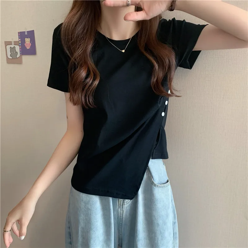 

YTX1462 Short niche irregular personality button short-sleeved solid color round neck T-shirt women