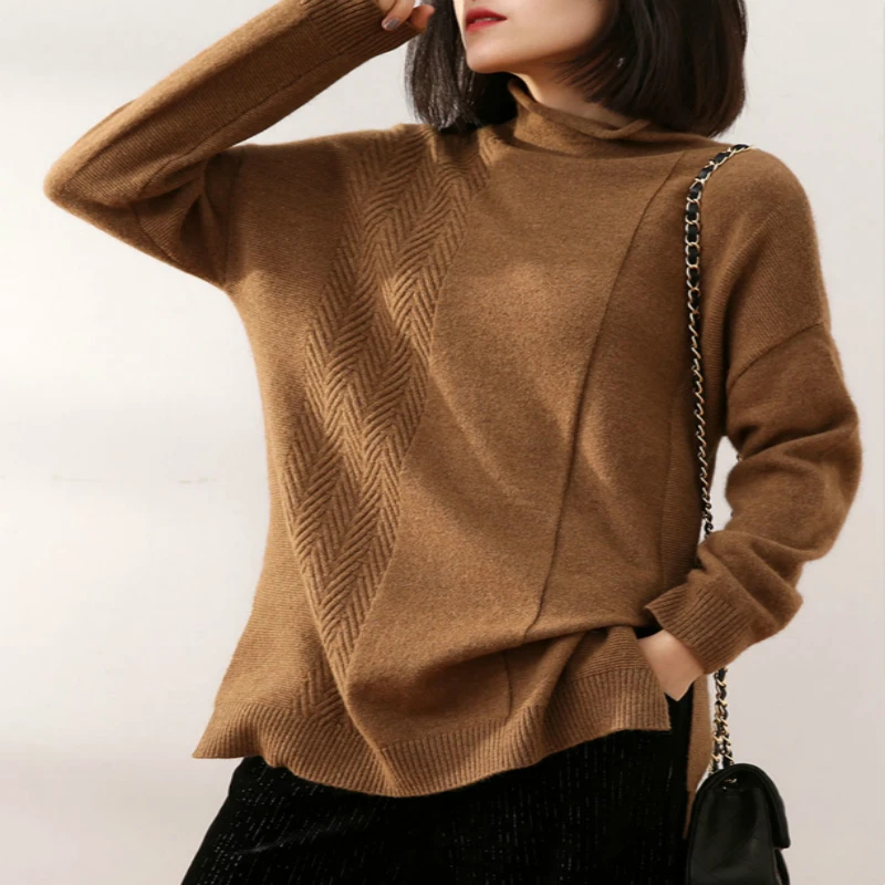 Свитер женский кашемировый вязаный пуловер с высоким воротником Свободный