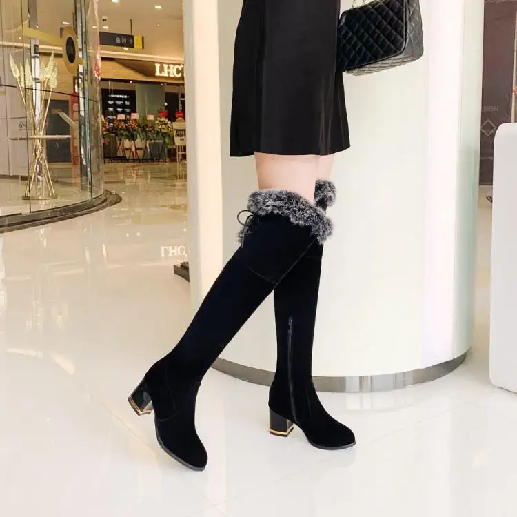 Женские зимние сапоги до колена на резиновой подошве молнии со шнуровкой среднем