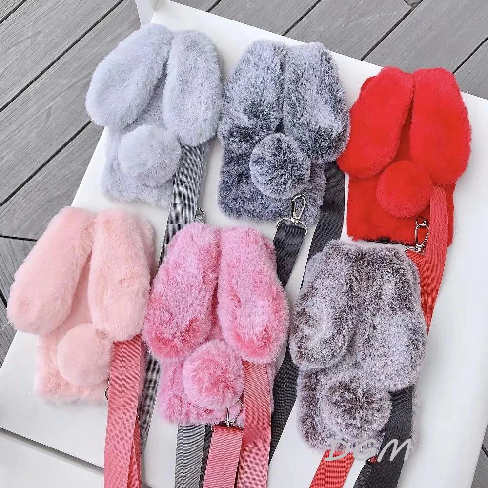 Adjustable Neck Strap Case for Xiaomi Poco X3 NFC F2 Pro F3 M3 Mi 0T Pro 11 Note 10 Lite 1Fluffy Rannit Plush Fur Cases Cover