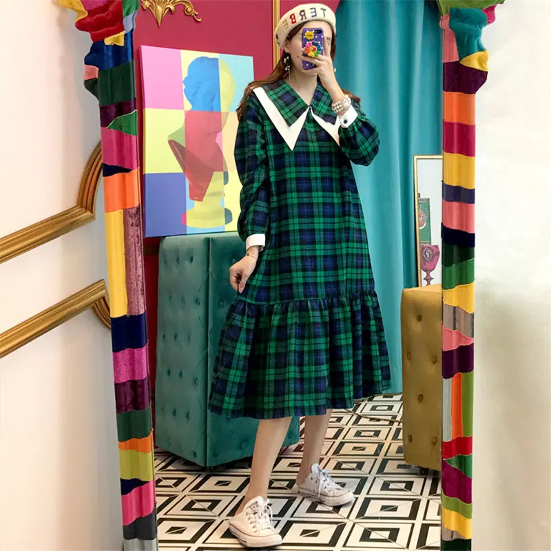 HziriP элегантные шикарные клетчатые прямые женские с воротником Питер Пэн