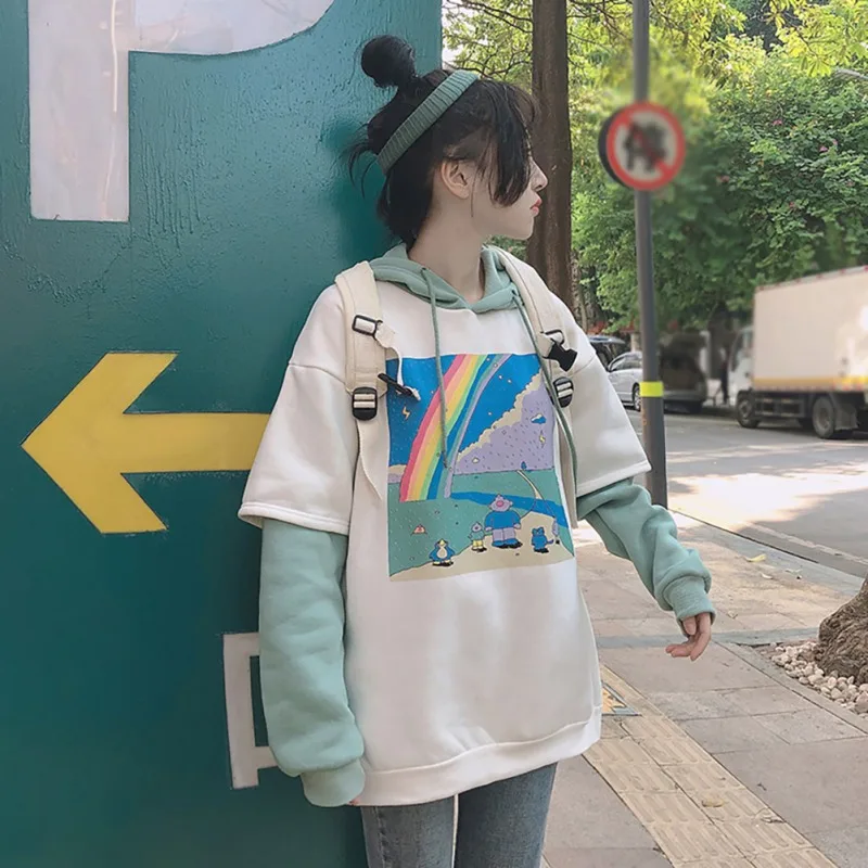 Average Size Hoodies Print Rainbow Sweatshirts Hooded Harajuku Spring Casual Vintage Korean Pullovers Women Sweetshirts