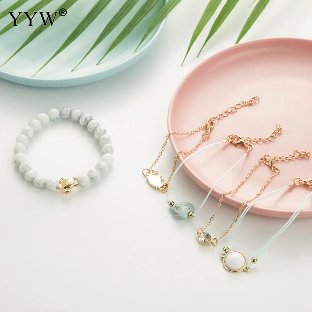 5pc/Set Women Fashion Bracelet Set Natural Stone Cotton Cord Adjustable Extender Chain Female Trendy Wristband Suit Bileklik | Украшения и