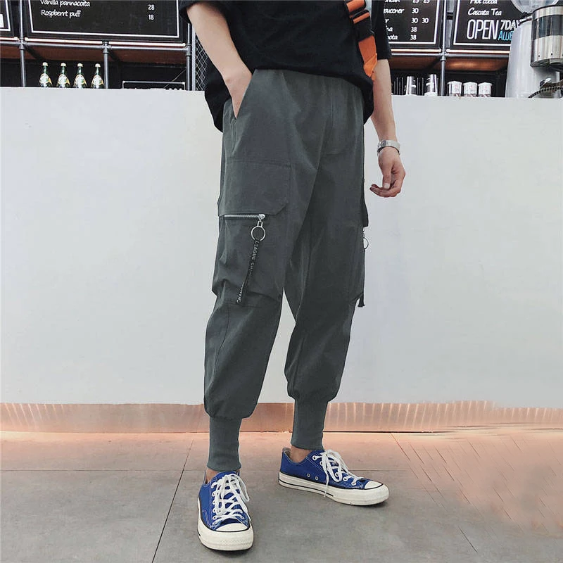 2019 черные мужские Джоггеры в стиле хип хоп повседневные штаны шаровары с лентами