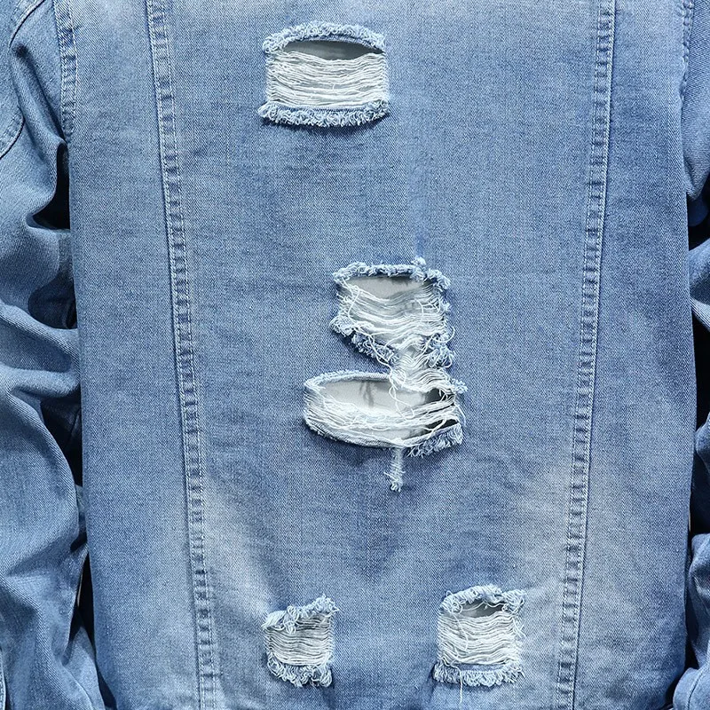 Модная демисезонная Мужская джинсовая куртка рваная ковбойская с дырками