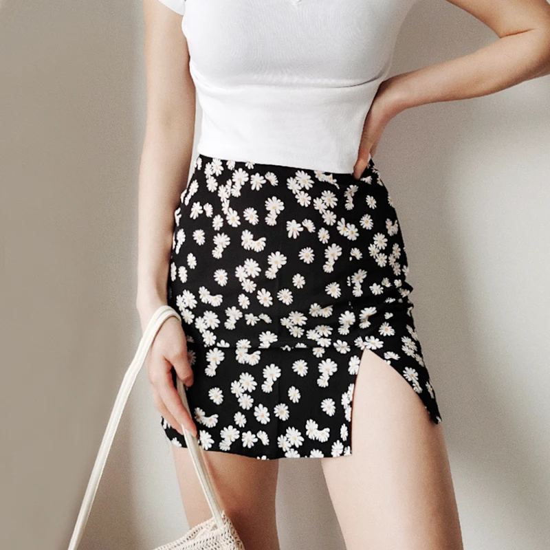 Женская модная мини юбка с разрезом спереди и цветочным принтом|Женские юбки| |