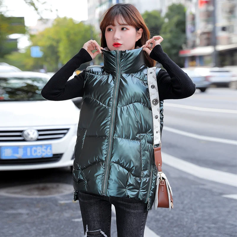 

Isenmal Women Thick Down Cotton Vest Winter Autumn Solid Puffer Waistcoat for Female Stand Collar Loose Sleeveless Vest Jacket
