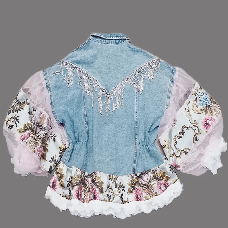 

2021 Spring Women Loose Puff Sleeve Embroidery Rhinestone Panel Denim Jacket