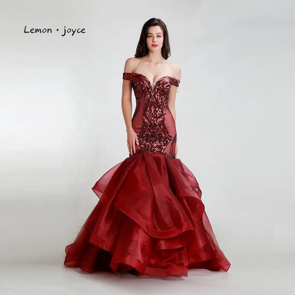 Женское длинное платье с открытыми плечами Lemon joyce бордовые вечерние платья юбкой