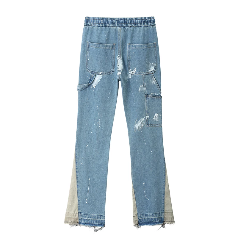 

Color Block Painted Streetwear Drawstring Jeans Men Frayed Side Ribbon Loose Casual Denim Trousers Hip Hop Harajuku Couple Pants