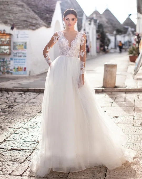 

White Ivory Lace Appliques Wedding Dress Long Sleeves Open Back Bride Dress Illusion Tulle A-Line Wedding Gowns Vestido Noiva