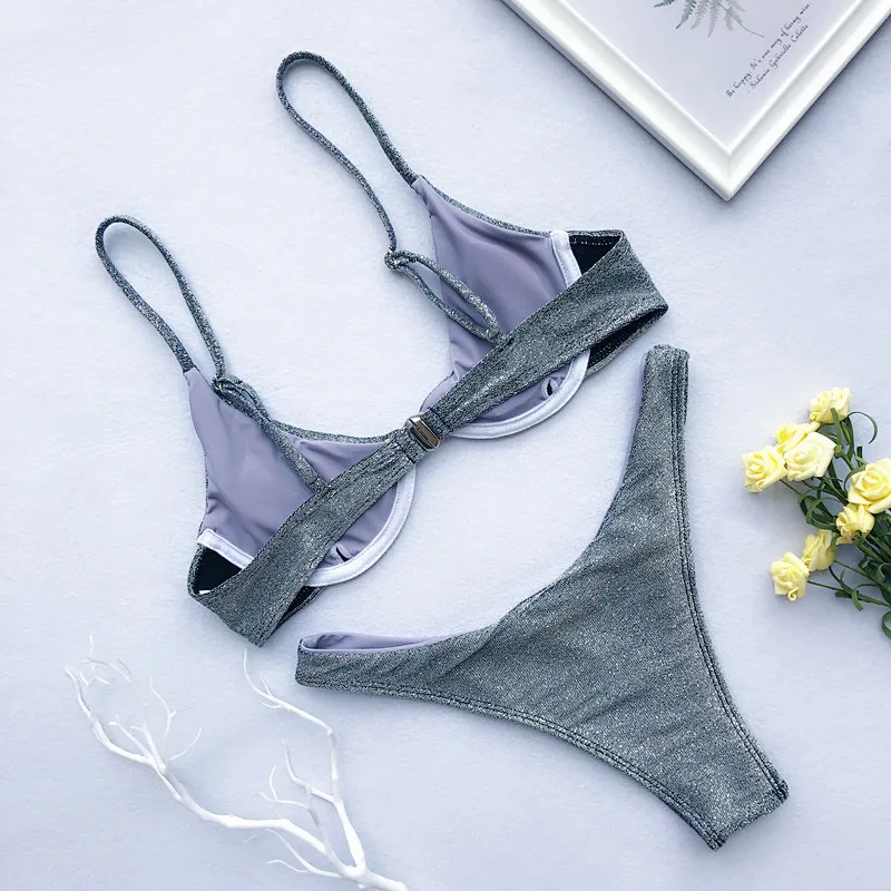Сексуальные серебристые золотые бикини 2019 пуш-ап купальная одежда женский