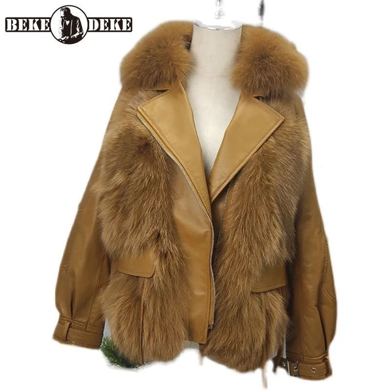 

Genuine Leather Fox Fur Spliced Sheepskin Outerwear Womens Biker Jackets Long Sleeve Fur Collar Short Fur Coat Korean Style