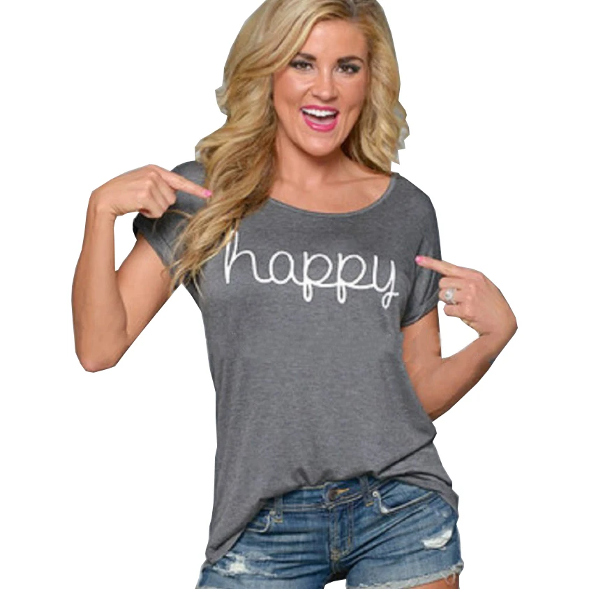 Женская Винтажная футболка с надписью happy недорогая летняя vestidos ropa mujer T009 2019 |
