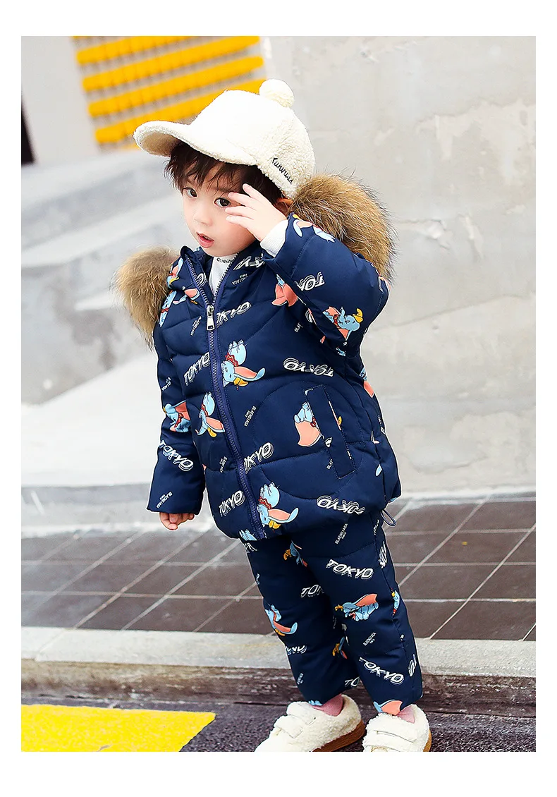 Winter children's down suit Girls pink snow suit Boy ski down suit Baby windproof down jacket+ thick Keep warm down pants