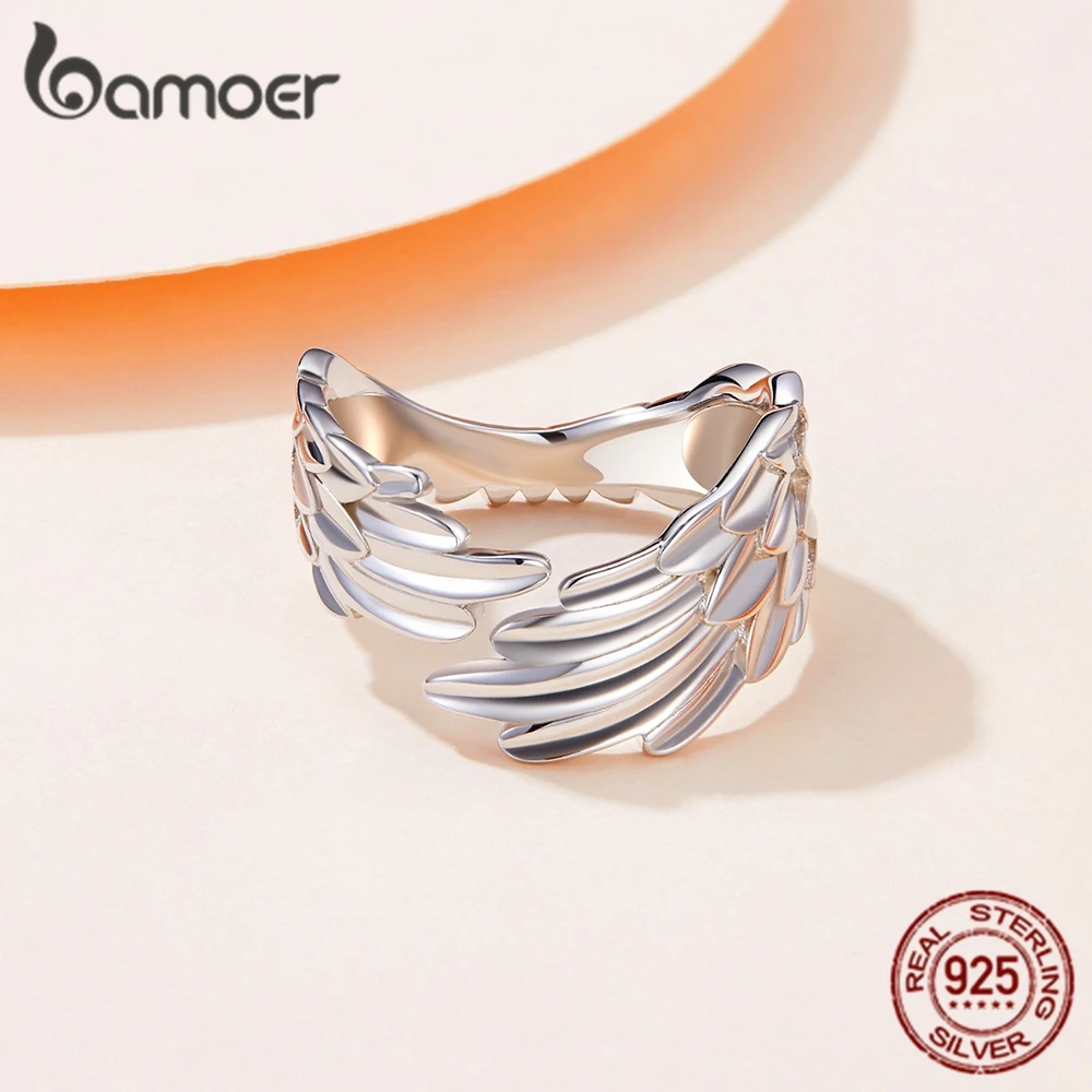 Серебряное кольцо bamoer 925 пробы с крыльями ангела регулируемое платиновым