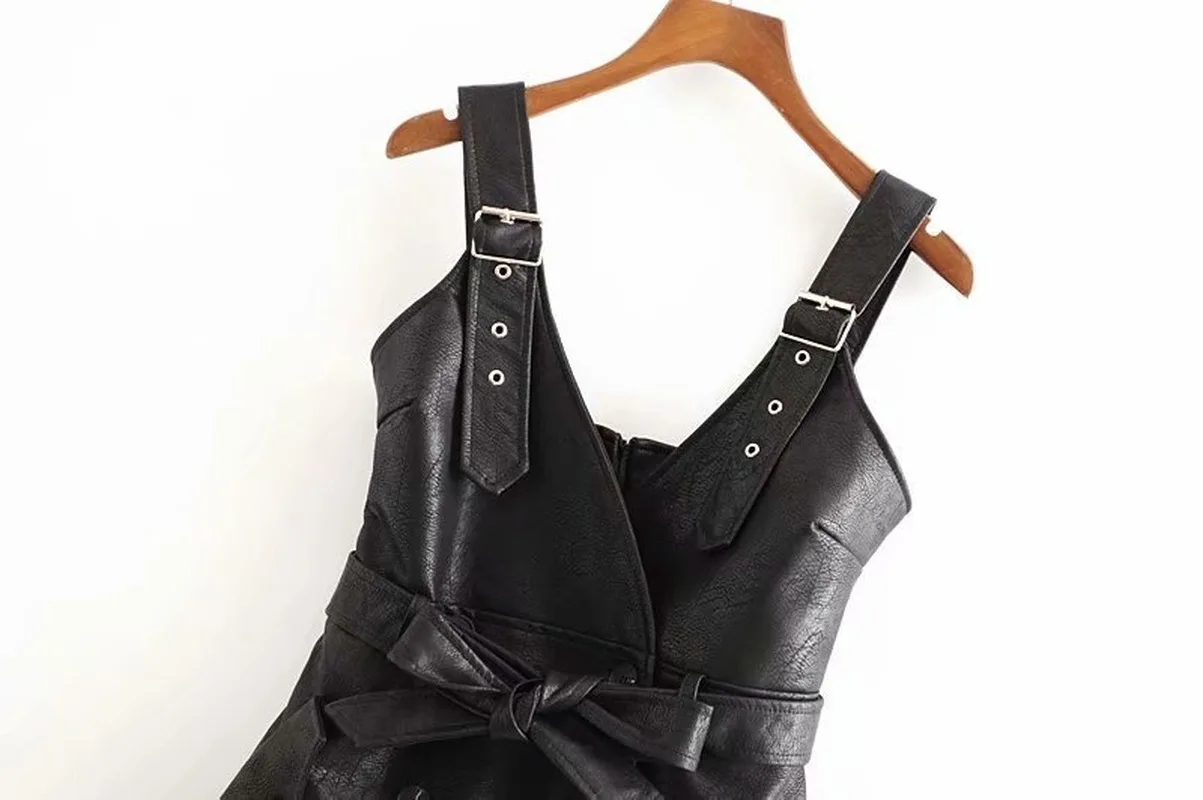 2019 осенне-зимнее женское платье из искусственной кожи с поясом и v-образным