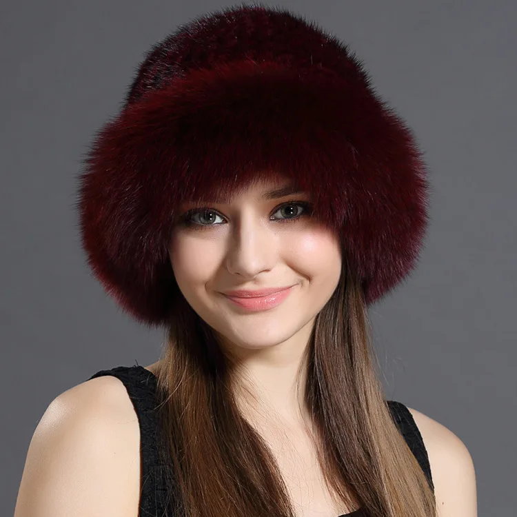 Зимние шапки для женщин вязаные теплые меховые бини из меха норки лиса шапочки