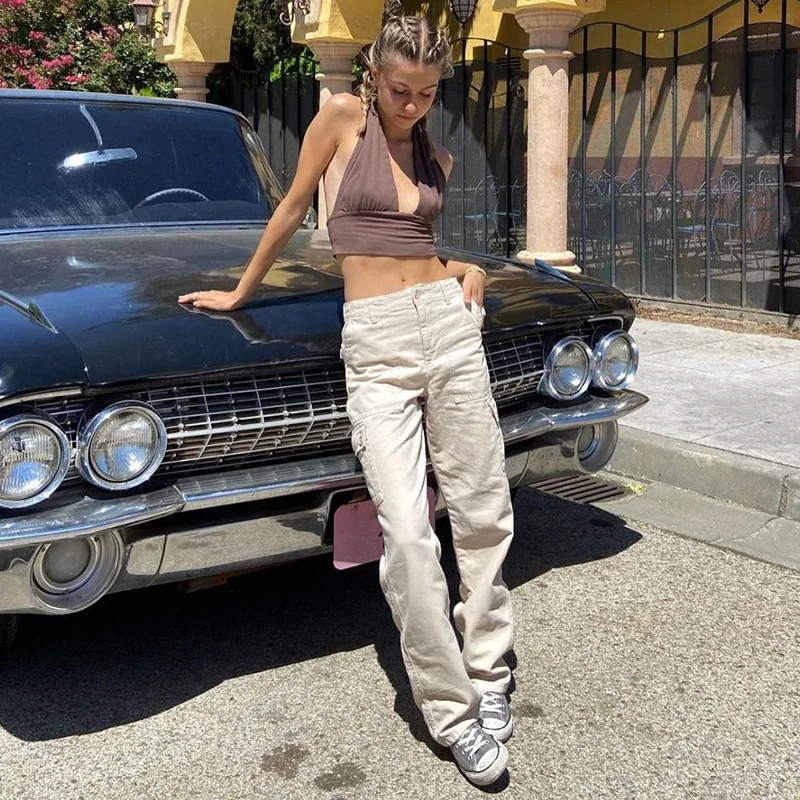 

Solid Color High Waist Trousers Long Pants Women’ s Jeans, with Multiple Pockets for Spring Fall, Khaki, S/M/L