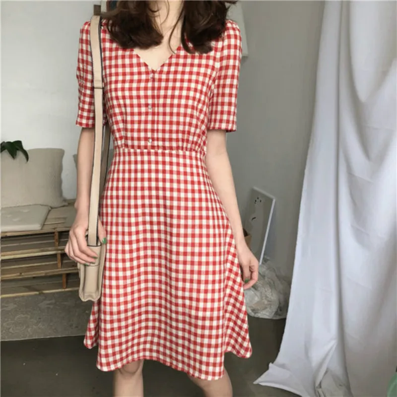 

Harajuku Plaid Mini Dresses Women Summer 2020 Vintage V-neck Plaid Dress for Schoolgirl Street Style Clothes