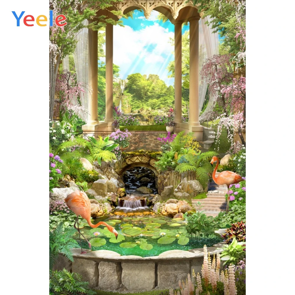 

Romantic Blooming Garden Arch Aazebo Pond Flamingo Photography Backgrounds Vinyl Custom Backdrops Props For Photo Studio