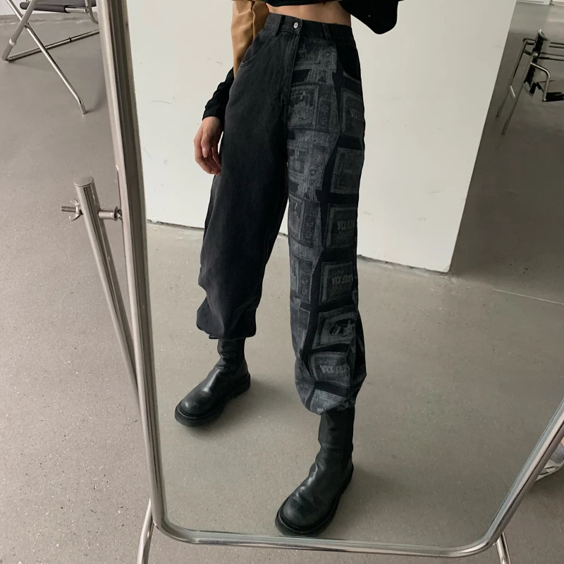

Women's Jeans High Waist Pants Patchwork Jean Pants Women Clothing Trousers Straight Pant black grey