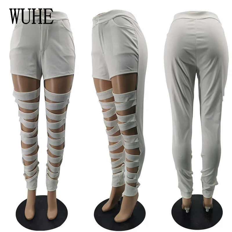 

WUHE Hollow Out Hole Trousers Button Fly High Waist Package Hip Skinny Casual Streetwear Sports Fitness Nightclub Slim Pants