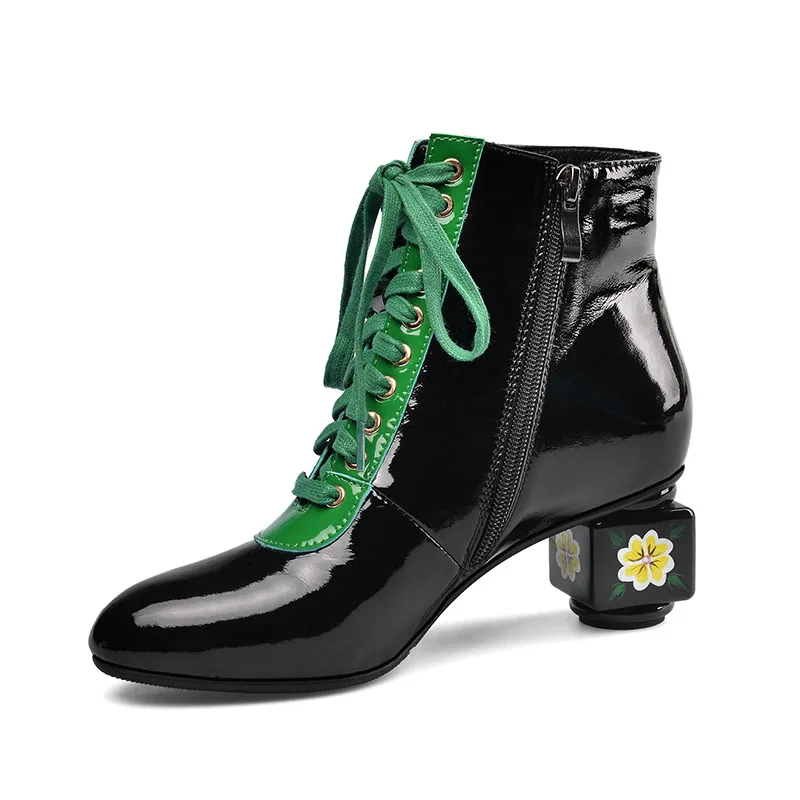 Женские ботинки из натуральной кожи Phoentin ботильоны на среднем каблуке шнуровке с