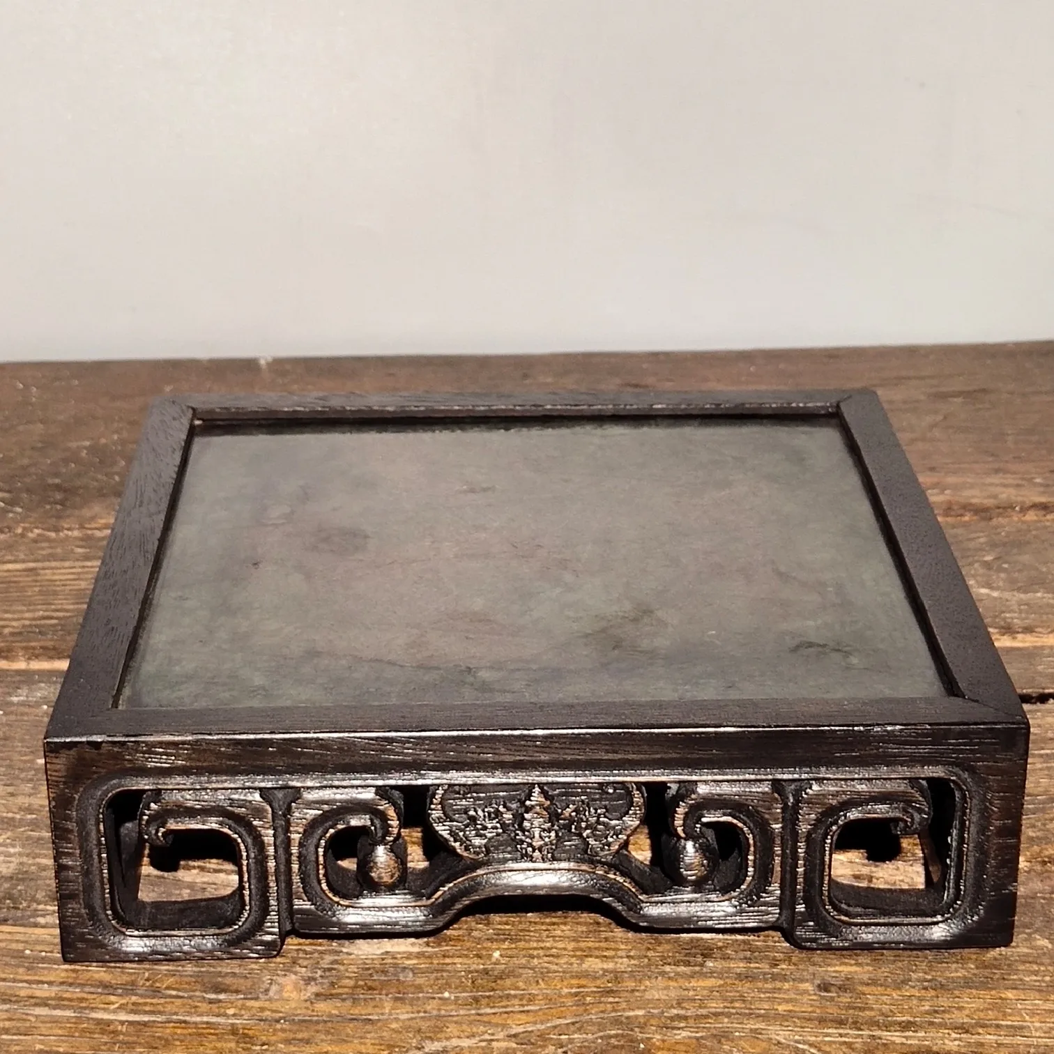 

9"Chinese Folk Collection Old Rosewood mosaic Marble Vase base coffee table Small tea table Tea table Office Ornaments