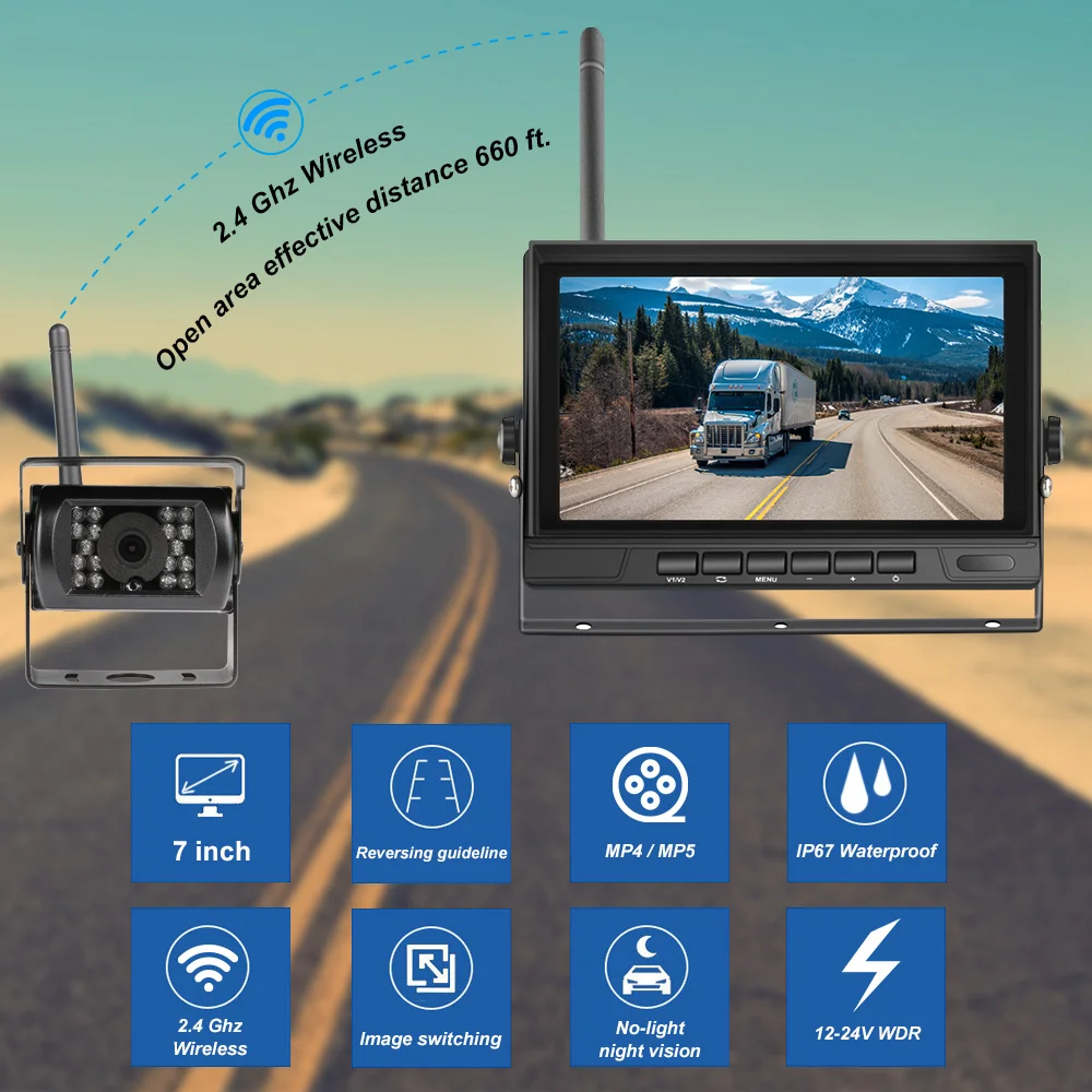 $67.57 7 Inch  Car Monitor Wireless Truck Backup Rear View Display and Wifi Reverse Backup Camera for Car RV Bus TV Display Screen