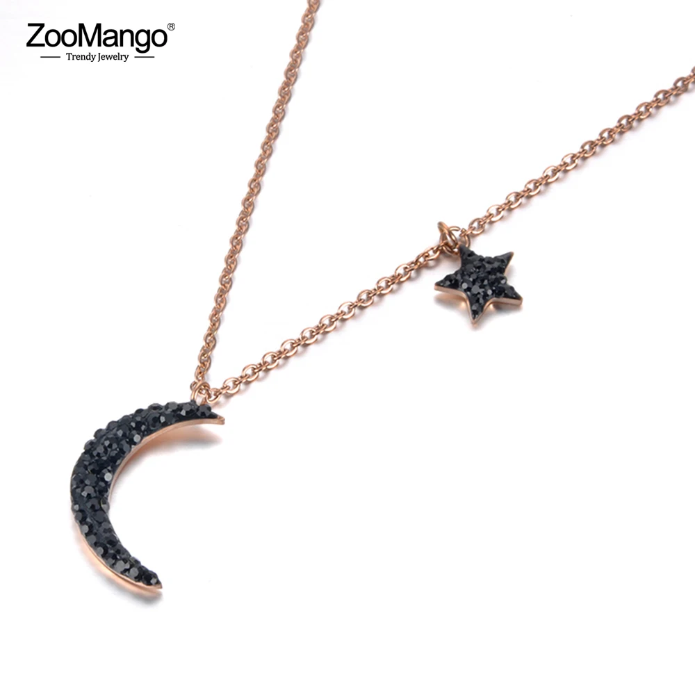 ZooMango Fashion Black Rhinestones Star &amp Moon Charm Necklaces Stainless Steel Rose Gold Pendants Necklace For Women ZN18238 | Украшения