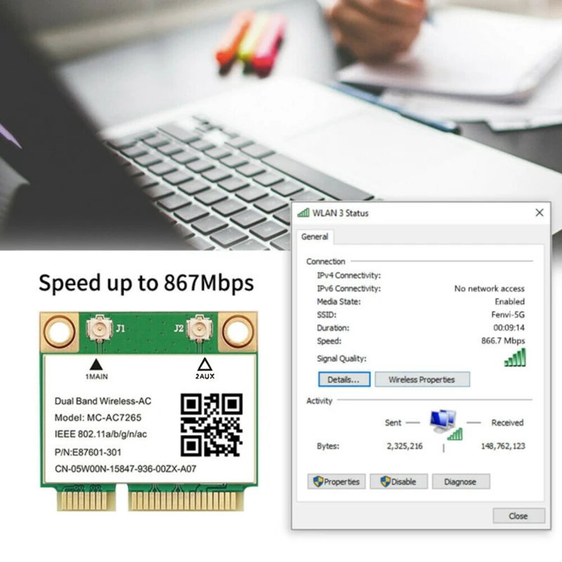Wi Fi кард MC AC7265 Mini PCI E 1200 Мбит/с Bluetooth 4 2 Dual Band 4G 5G адаптер для Win7 Win 8 10|Сетевые карты| |