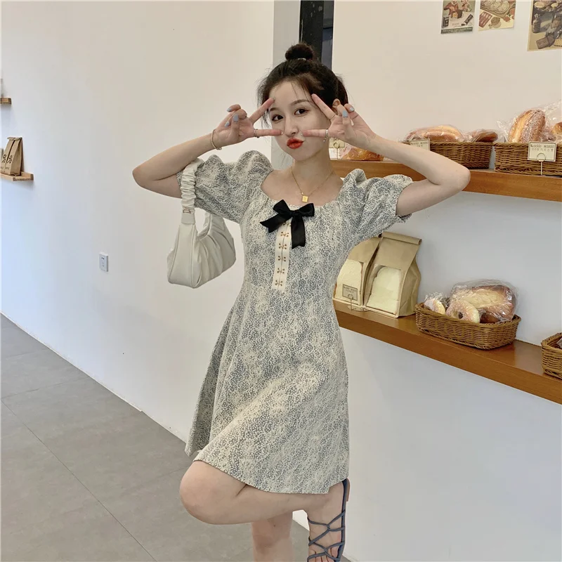 

Dress Temperament Bow Knot Square Neck Short Sleeve Floral Dress Female Summer New Style Korean Style High Waist Slim Skirt