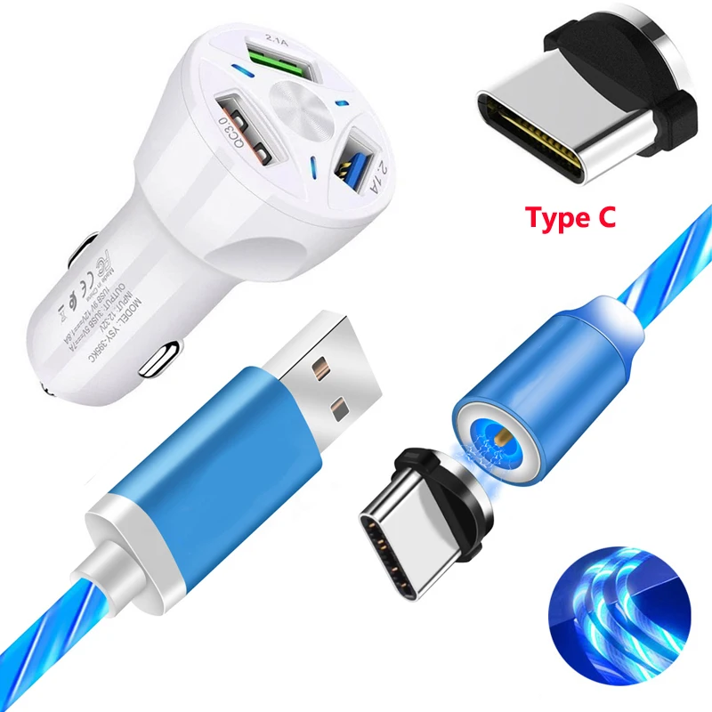 Магнитный USB Type C кабель течет СИД быстрая зарядка автомобильное зарядное