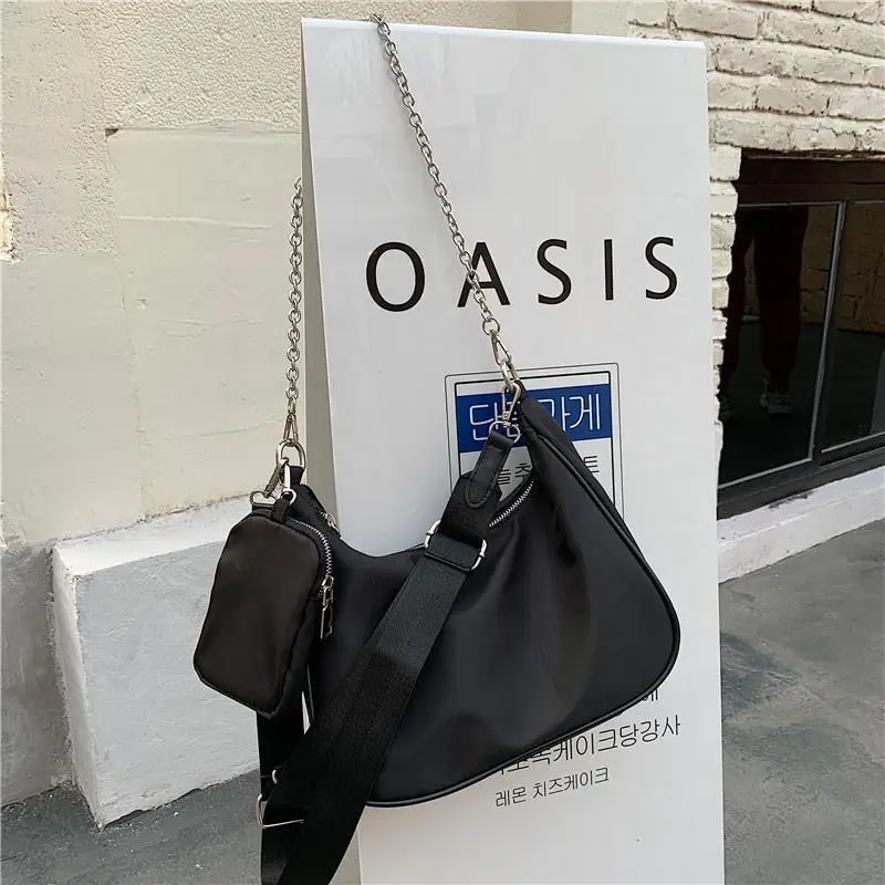 

2021 New Fashion Black Shoulder Bag For Women Nylon Chains Crossbody Bag Large Capacity Messenger Bag 2pcs Daily Lady Handbag