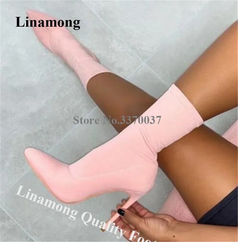 Linamong-Botas cortas con punta estrecha y tacón de aguja, botines elásticos, sin cordones, color rosa y rojo