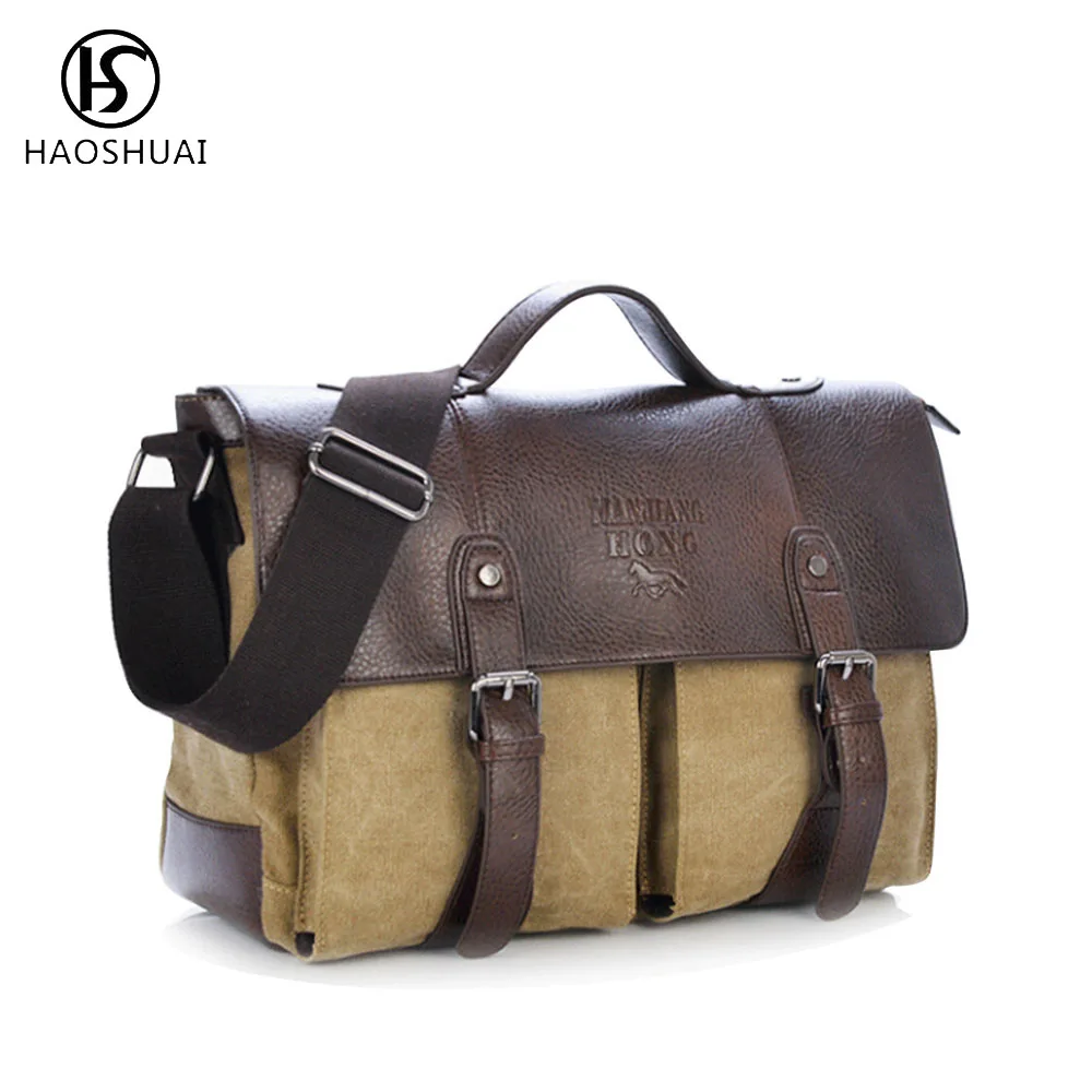 Сумка-мессенджер Мужская холщовая Винтажная сумочка на плечо из кожи Крейзи Хорс