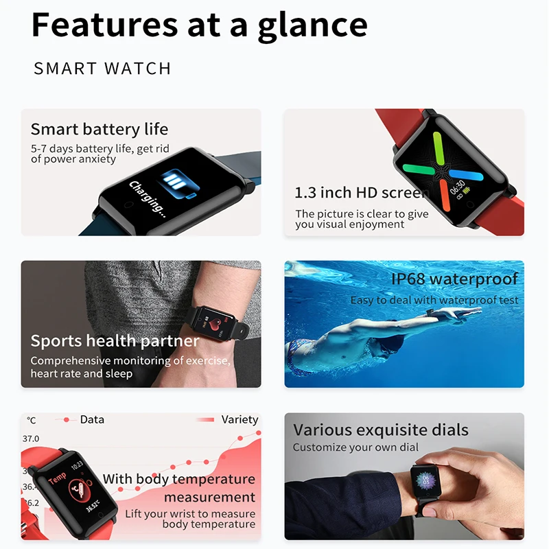 

F54 IP67 Waterproof Sports Smart Watch Real Time Body Temperature Measurement Heart Rate Fitness Tracker Men Women Smartwatch