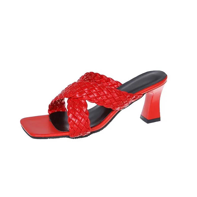 

2021 Elegant Women Individual Weave Leisure Open Toe Set Foot Office Ladies Sandals Beige Heel High Design Women's Shoes 35-44