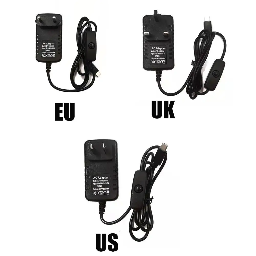 Блок питания Raspberry Pi 4 Type C 5 В 3 А адаптер с переключателем ВКЛ./ВЫКЛ. зарядное