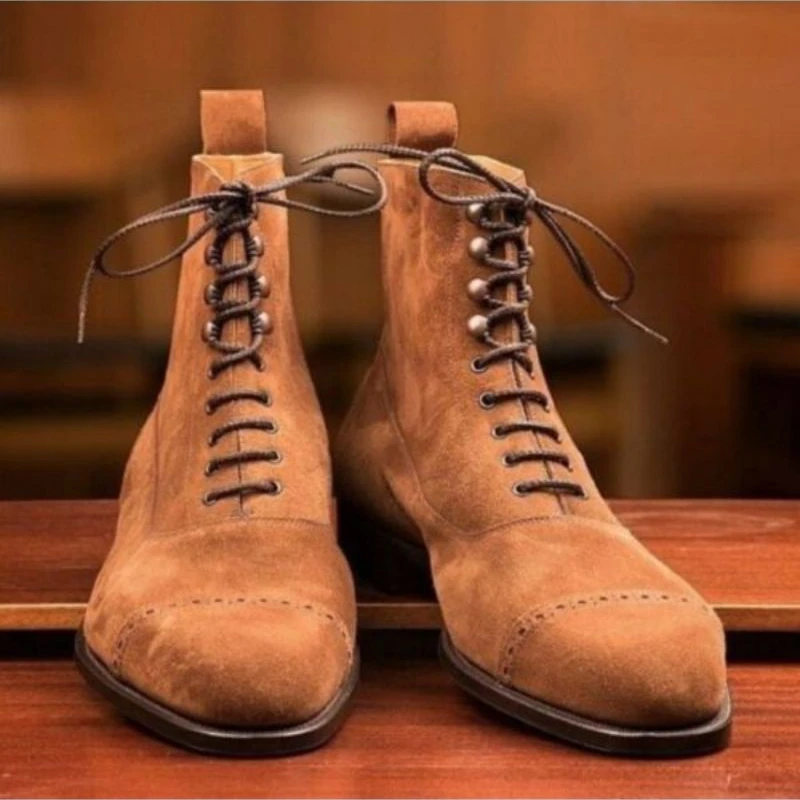 

New Men Faux Suede Pure Tan Suede Lace Up High Top Ankle Boots Martin Boots Carved British Style Business Casual Boots XM410