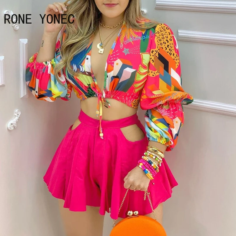 Женский комплект из двух предметов топ с глубоким V образным вырезом и рукавами