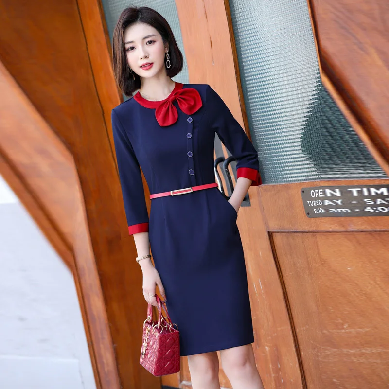 

Fashion Elegant Blue Women Spring Summer Half Sleeve Dresses with Bow Belt OL Styles Oversize Dress Business Work Wear Vestidos
