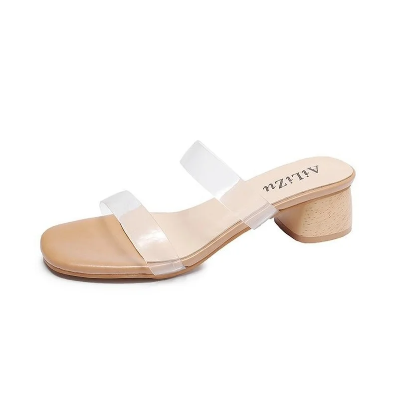 

Summer High Heels Women Shoes Fashion Transparent Heels Sexy Hollow Breathable Slippers Square Toe Female Clear Heels Slides