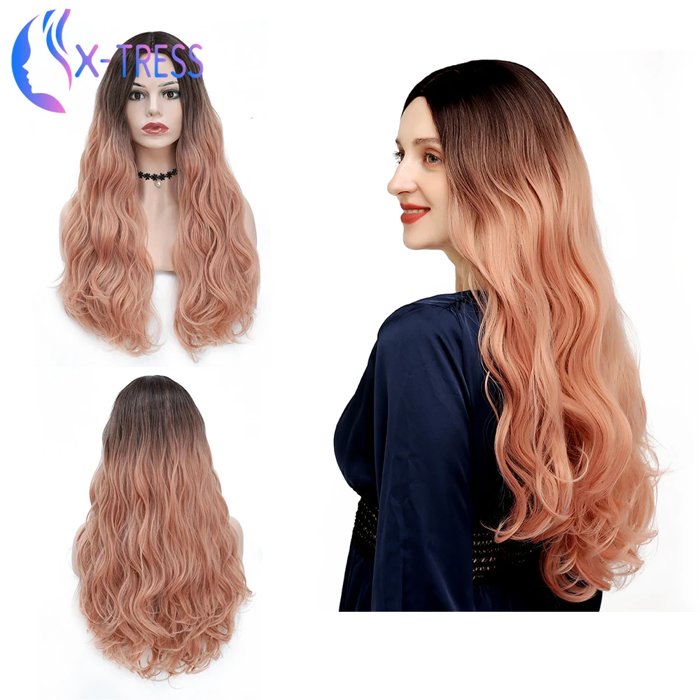 Женские синтетические розовые парики с эффектом омбре Длинные свободные Цветные