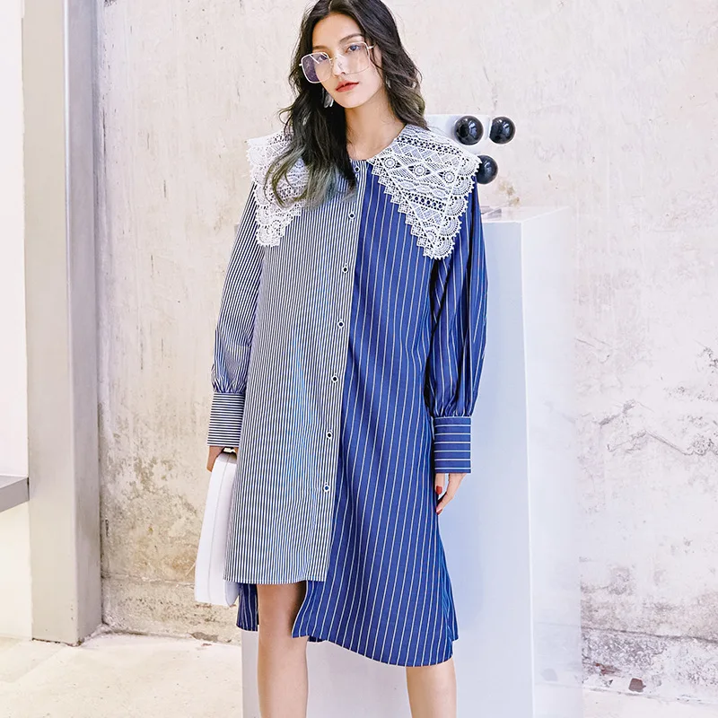 Женское платье-рубашка LANMREM свободное асимметричное кружевное в синюю полоску