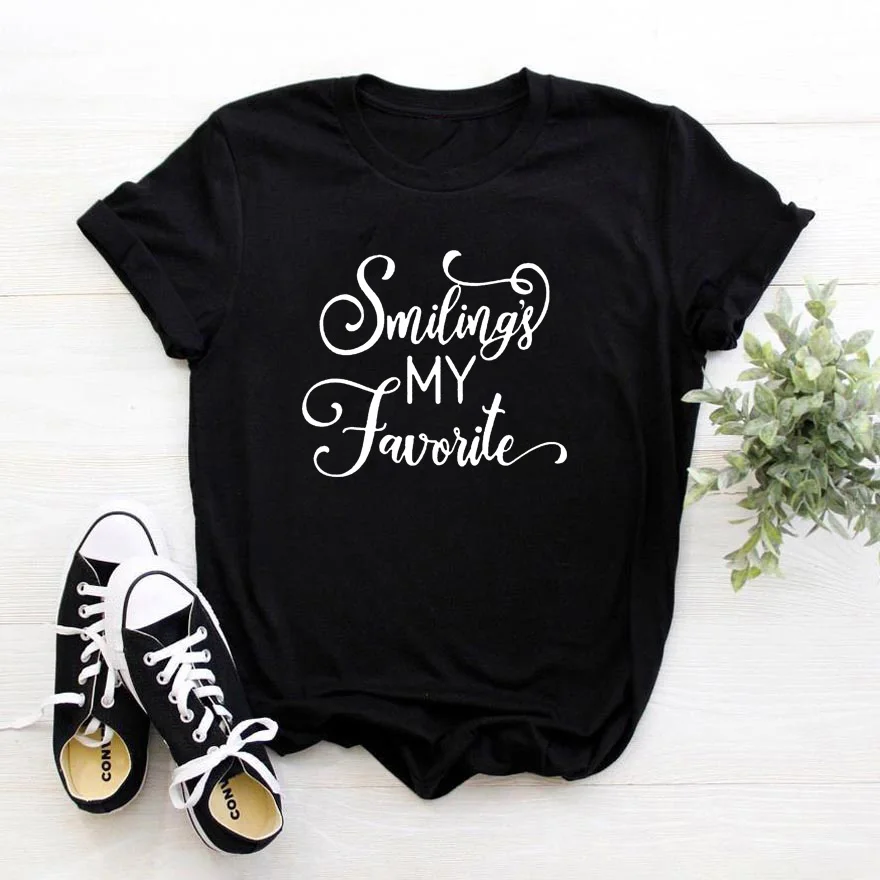 

Smiling's My Favorite Tee Shirt Femme Funny Letter Pattern T Shirt Women Round Neck Woman Tshirts Casual Fcasual Camiseta Mujer